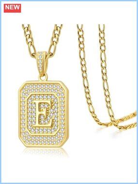 14K Gold Letter E Initial Pendant Necklace Figaro Chain 20"